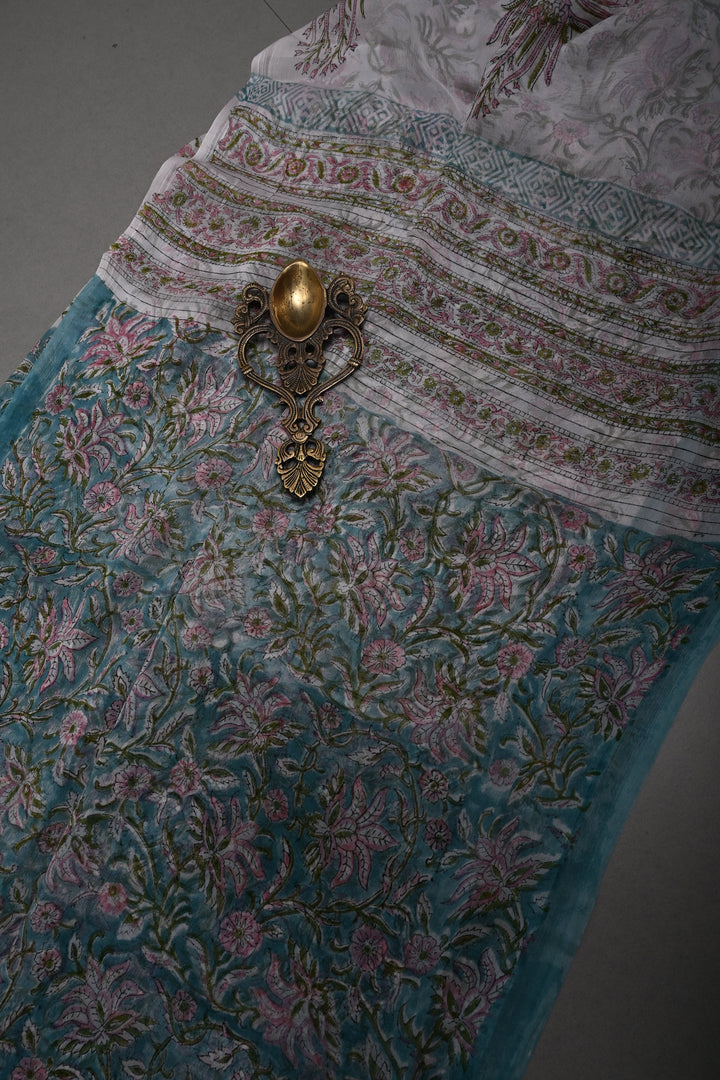 Pastel Mint Georgette Saree with Sanganeri Hand Block Print   | SHOBITAM
