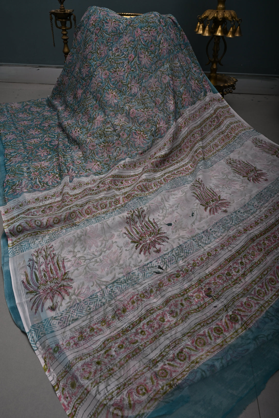 Pastel Mint Georgette Saree with Sanganeri Hand Block Print   | SHOBITAM