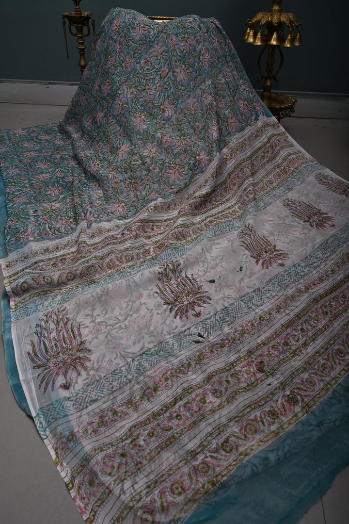 Pastel Mint Georgette Saree with Sanganeri Hand Block Print   | SHOBITAM