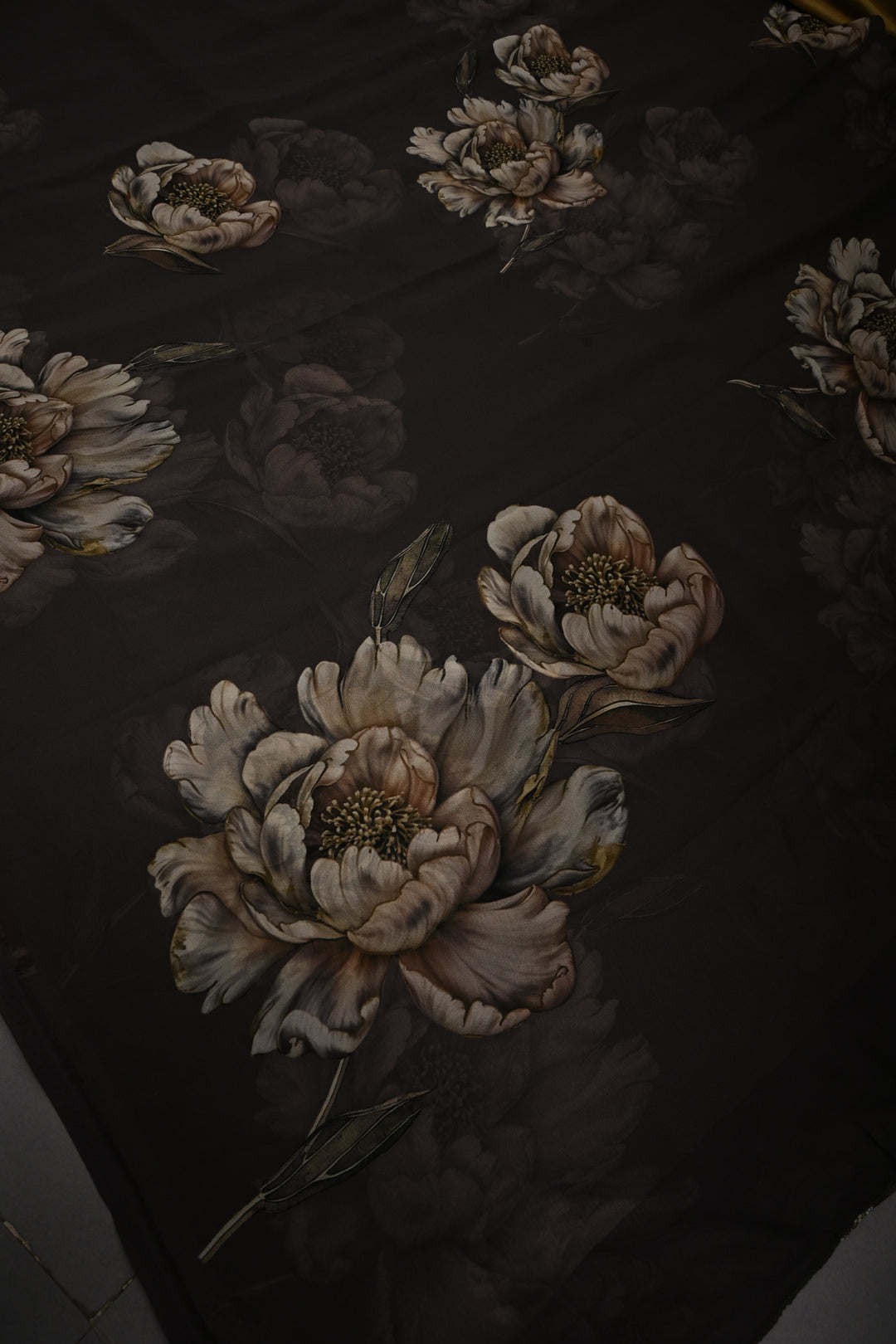 Olive Brown Georgette Saree with Blossom Floral Digital Print | SHOBITAM