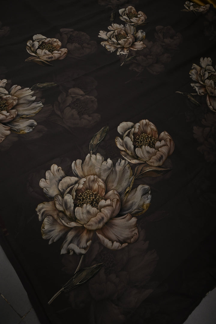Olive Brown Georgette Saree with Blossom Floral Digital Print | SHOBITAM