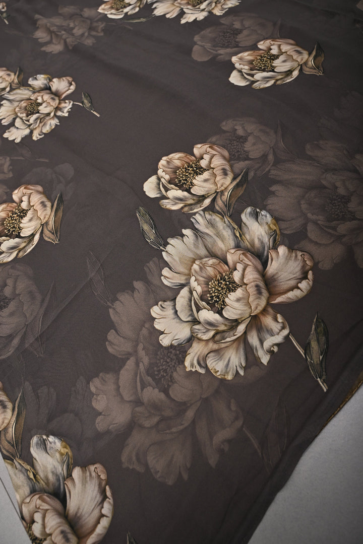 Olive Brown Georgette Saree with Blossom Floral Digital Print | SHOBITAM