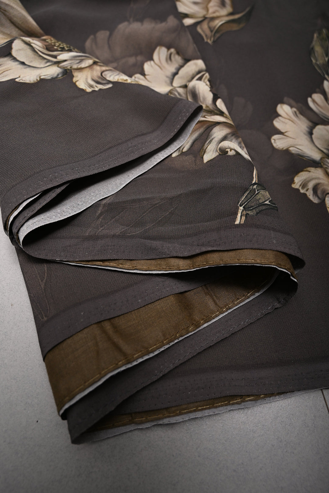 Olive Brown Georgette Saree with Blossom Floral Digital Print | SHOBITAM