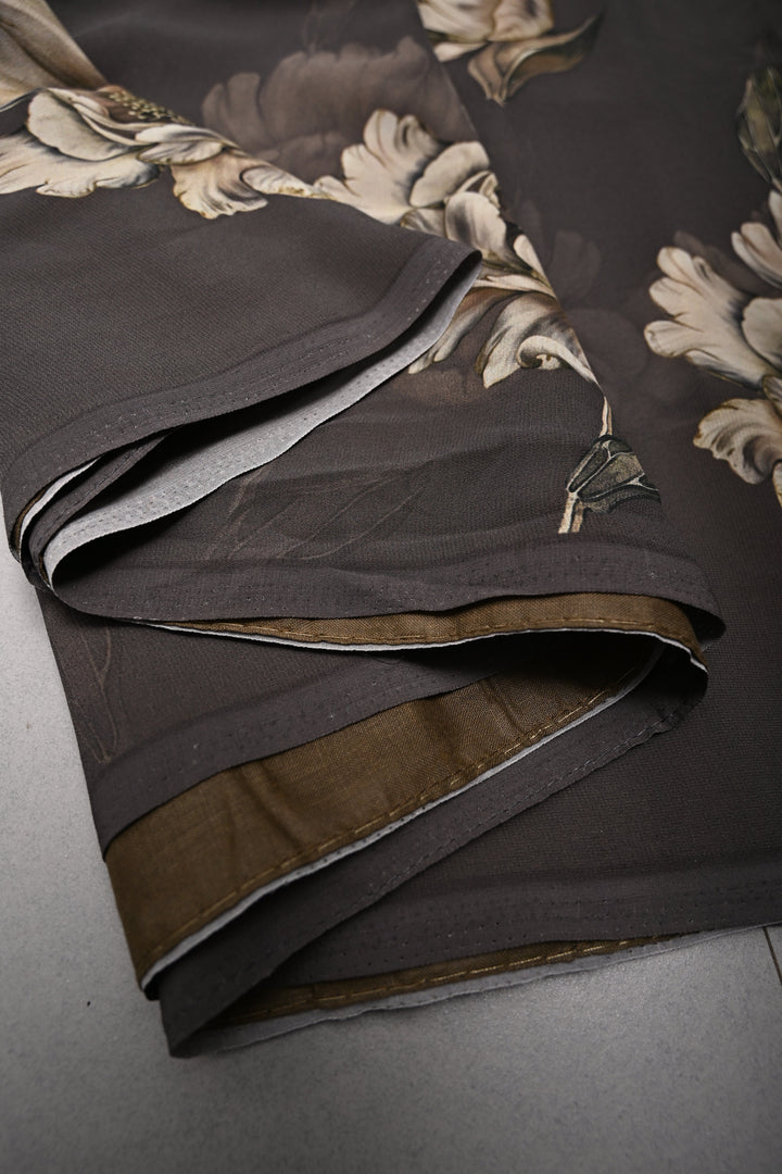 Olive Brown Georgette Saree with Blossom Floral Digital Print | SHOBITAM