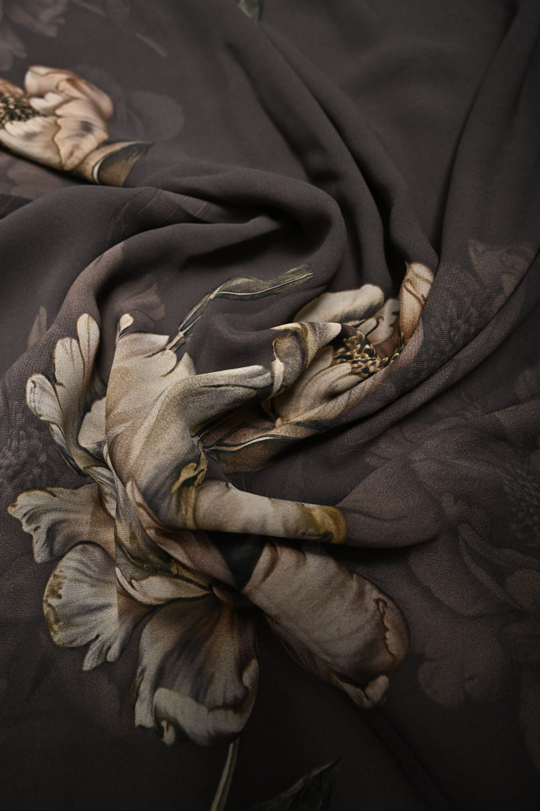 Olive Brown Georgette Saree with Blossom Floral Digital Print | SHOBITAM