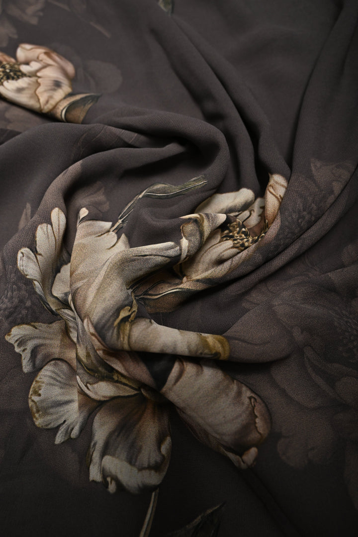 Olive Brown Georgette Saree with Blossom Floral Digital Print | SHOBITAM