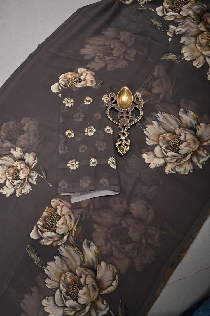 Olive Brown Georgette Saree with Blossom Floral Digital Print | SHOBITAM