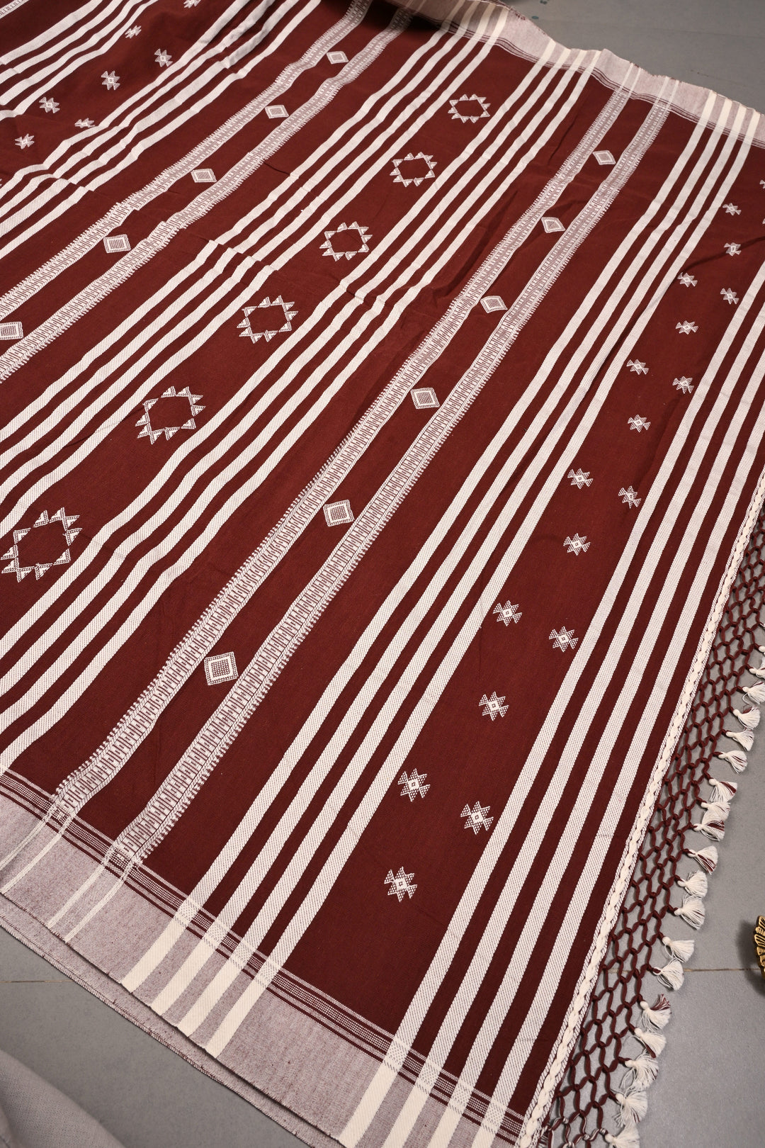 Coffee Brown Bhujodi Kala Cotton Saree with Resham Buttas and Honeycomb Tassels | SHOBITAM