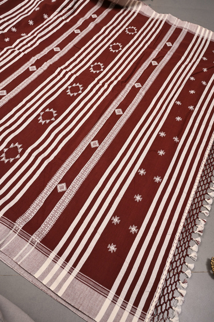 Coffee Brown Bhujodi Kala Cotton Saree with Resham Buttas and Honeycomb Tassels | SHOBITAM