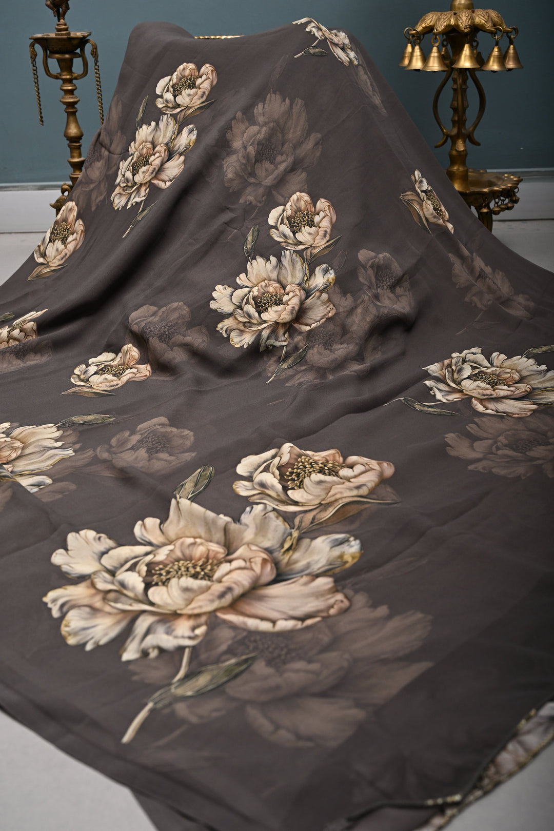 Olive Brown Georgette Saree with Blossom Floral Digital Print | SHOBITAM