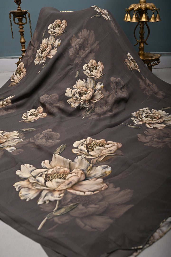 Olive Brown Georgette Saree with Blossom Floral Digital Print | SHOBITAM