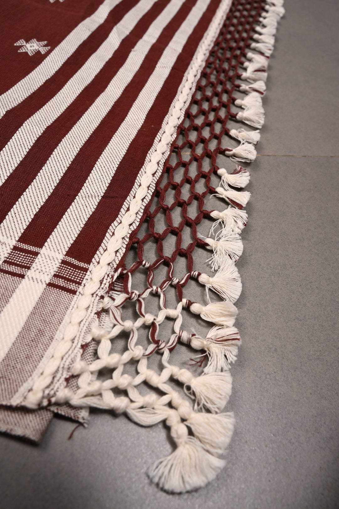 Coffee Brown Bhujodi Kala Cotton Saree with Resham Buttas and Honeycomb Tassels | SHOBITAM