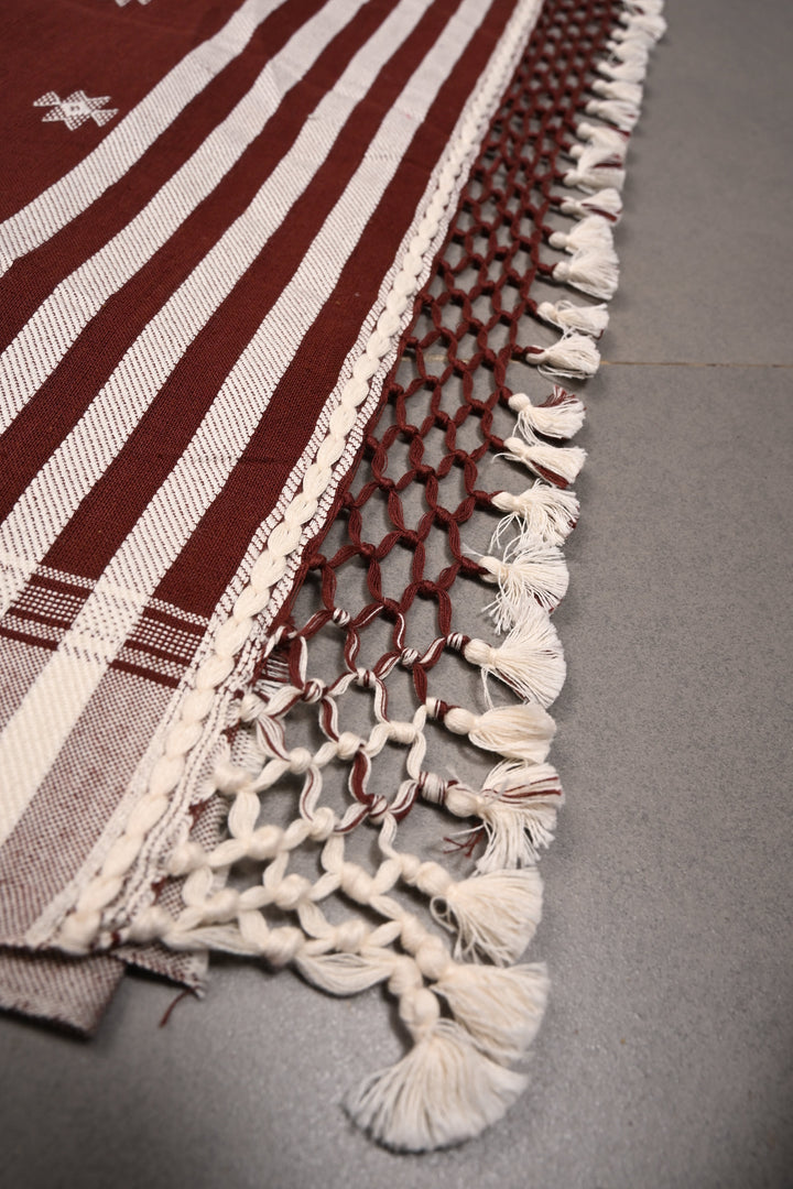 Coffee Brown Bhujodi Kala Cotton Saree with Resham Buttas and Honeycomb Tassels | SHOBITAM