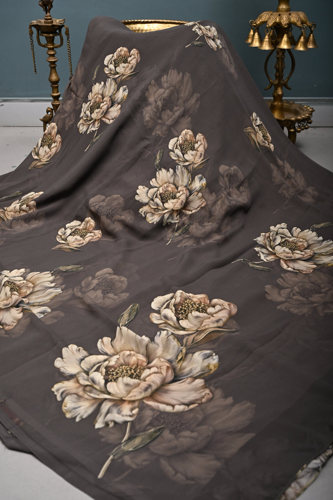 Olive Brown Georgette Saree with Blossom Floral Digital Print | SHOBITAM