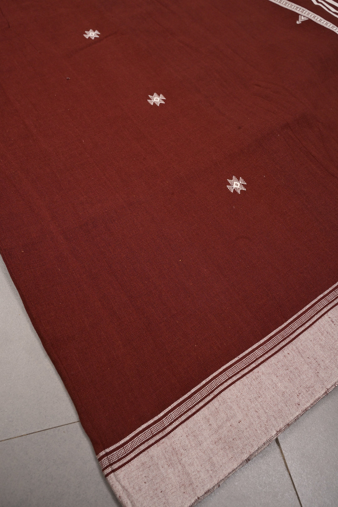 Coffee Brown Bhujodi Kala Cotton Saree with Resham Buttas and Honeycomb Tassels | SHOBITAM
