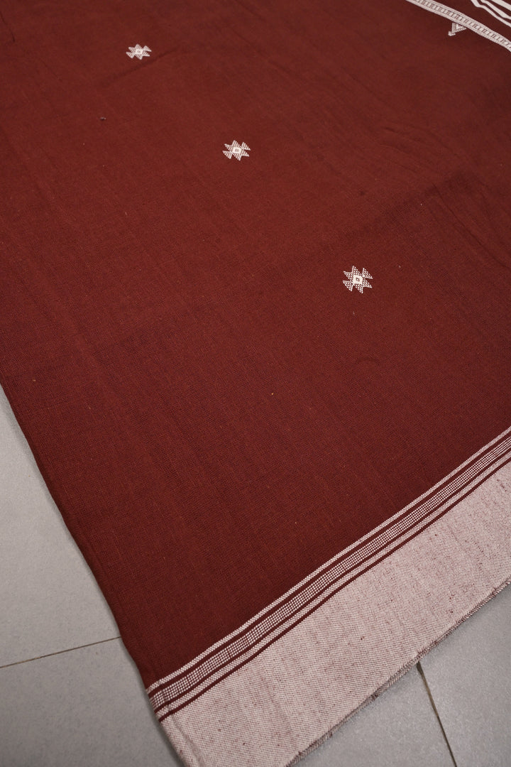 Coffee Brown Bhujodi Kala Cotton Saree with Resham Buttas and Honeycomb Tassels | SHOBITAM