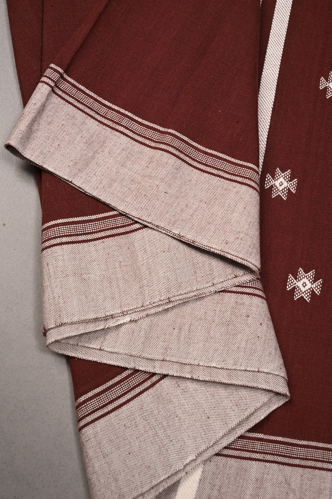 Coffee Brown Bhujodi Kala Cotton Saree with Resham Buttas and Honeycomb Tassels | SHOBITAM