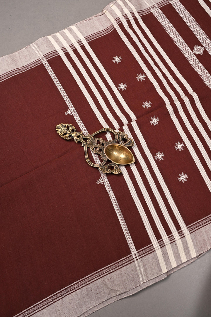 Coffee Brown Bhujodi Kala Cotton Saree with Resham Buttas and Honeycomb Tassels | SHOBITAM
