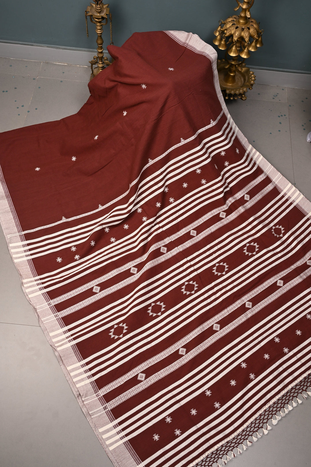 Coffee Brown Bhujodi Kala Cotton Saree with Resham Buttas and Honeycomb Tassels | SHOBITAM