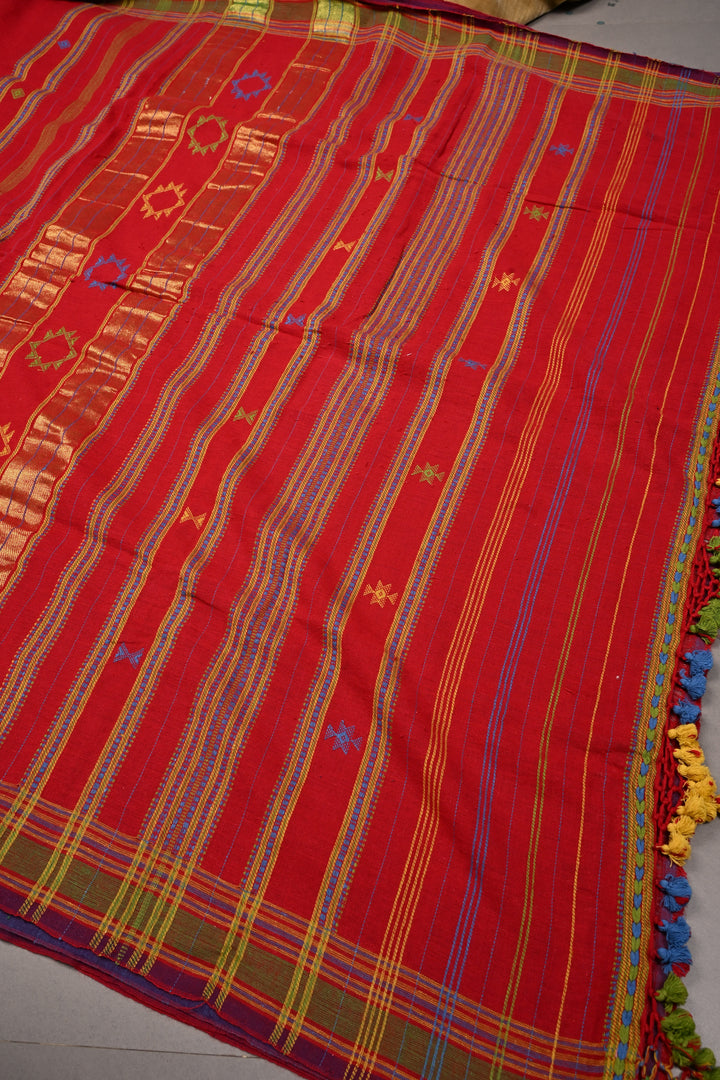 Blood Red Bhujodi Kala Cotton Saree with Meenakari Buttas and Honeycomb Tassels | SHOBITAM