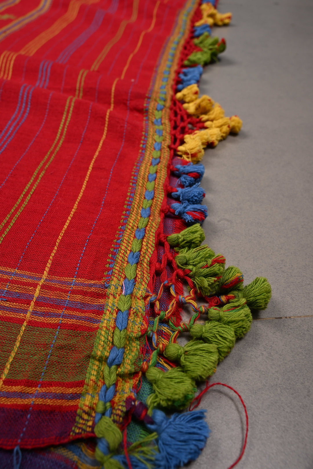 Blood Red Bhujodi Kala Cotton Saree with Meenakari Buttas and Honeycomb Tassels | SHOBITAM
