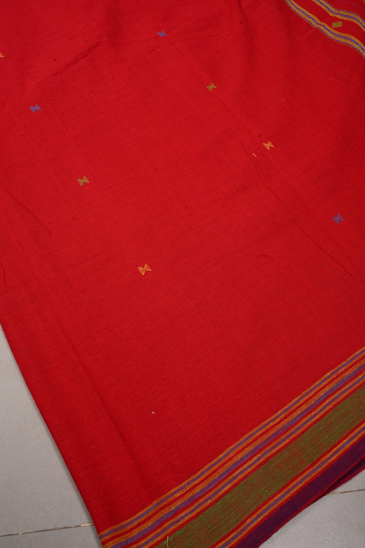 Blood Red Bhujodi Kala Cotton Saree with Meenakari Buttas and Honeycomb Tassels | SHOBITAM