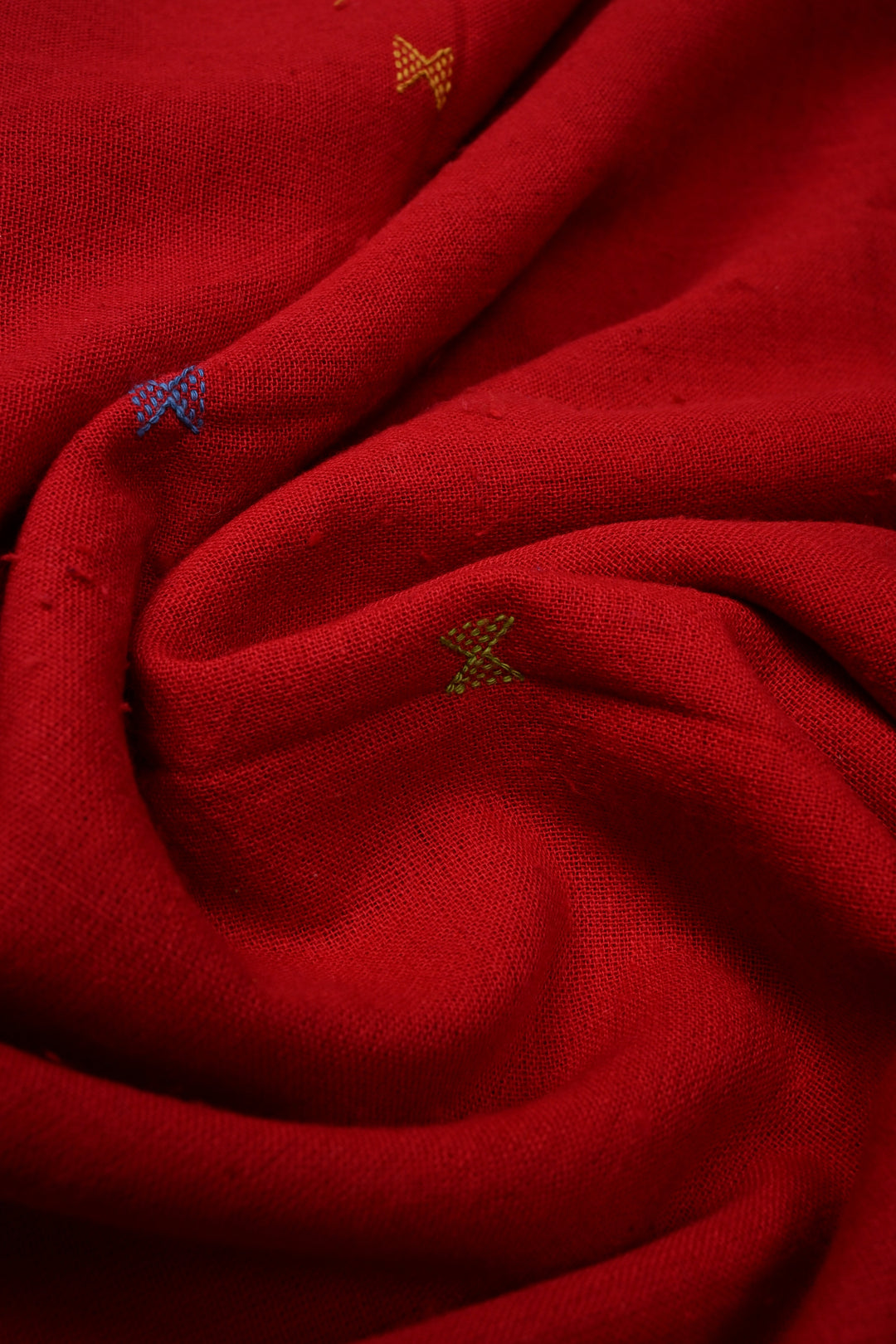 Blood Red Bhujodi Kala Cotton Saree with Meenakari Buttas and Honeycomb Tassels | SHOBITAM