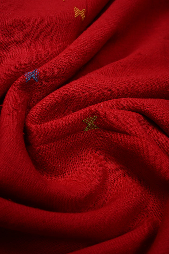 Blood Red Bhujodi Kala Cotton Saree with Meenakari Buttas and Honeycomb Tassels | SHOBITAM