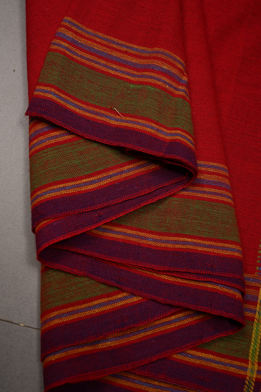 Blood Red Bhujodi Kala Cotton Saree with Meenakari Buttas and Honeycomb Tassels | SHOBITAM