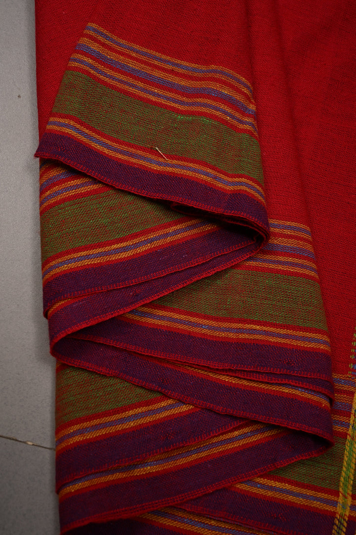 Blood Red Bhujodi Kala Cotton Saree with Meenakari Buttas and Honeycomb Tassels | SHOBITAM
