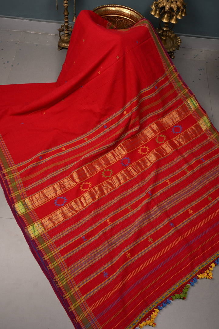 Blood Red Bhujodi Kala Cotton Saree with Meenakari Buttas and Honeycomb Tassels | SHOBITAM