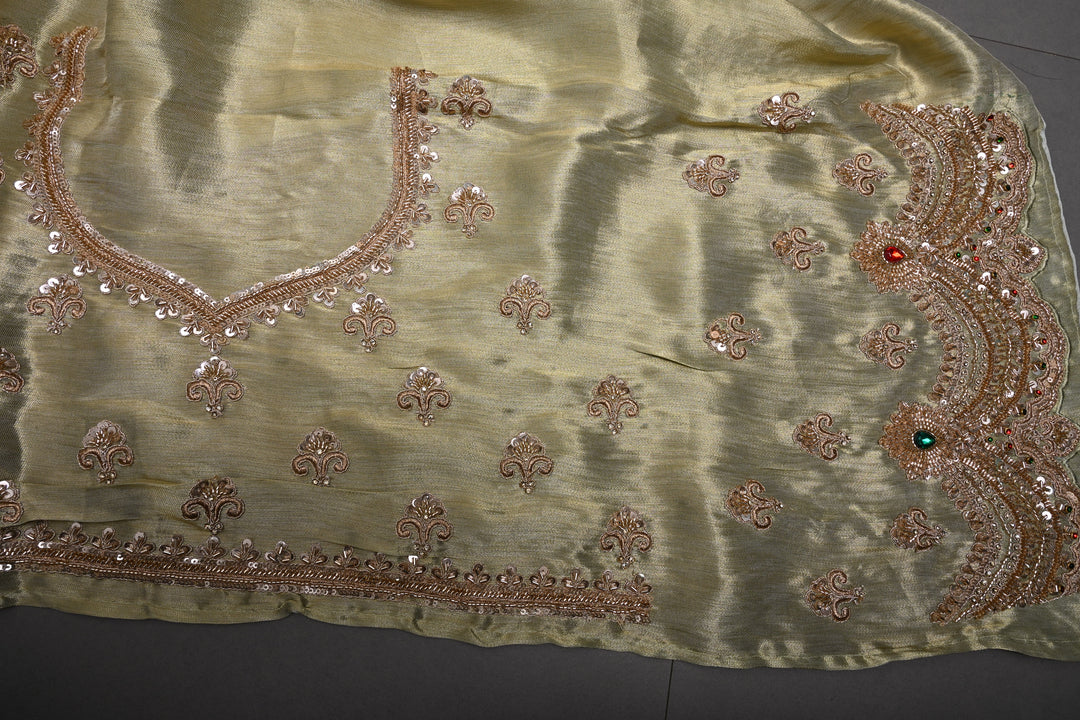 Light Sage Green Tissue Viscose Brocade Saree with Zardosi Buttas and Heavy Embroidery Work on Scallop Border | SHOBITAM