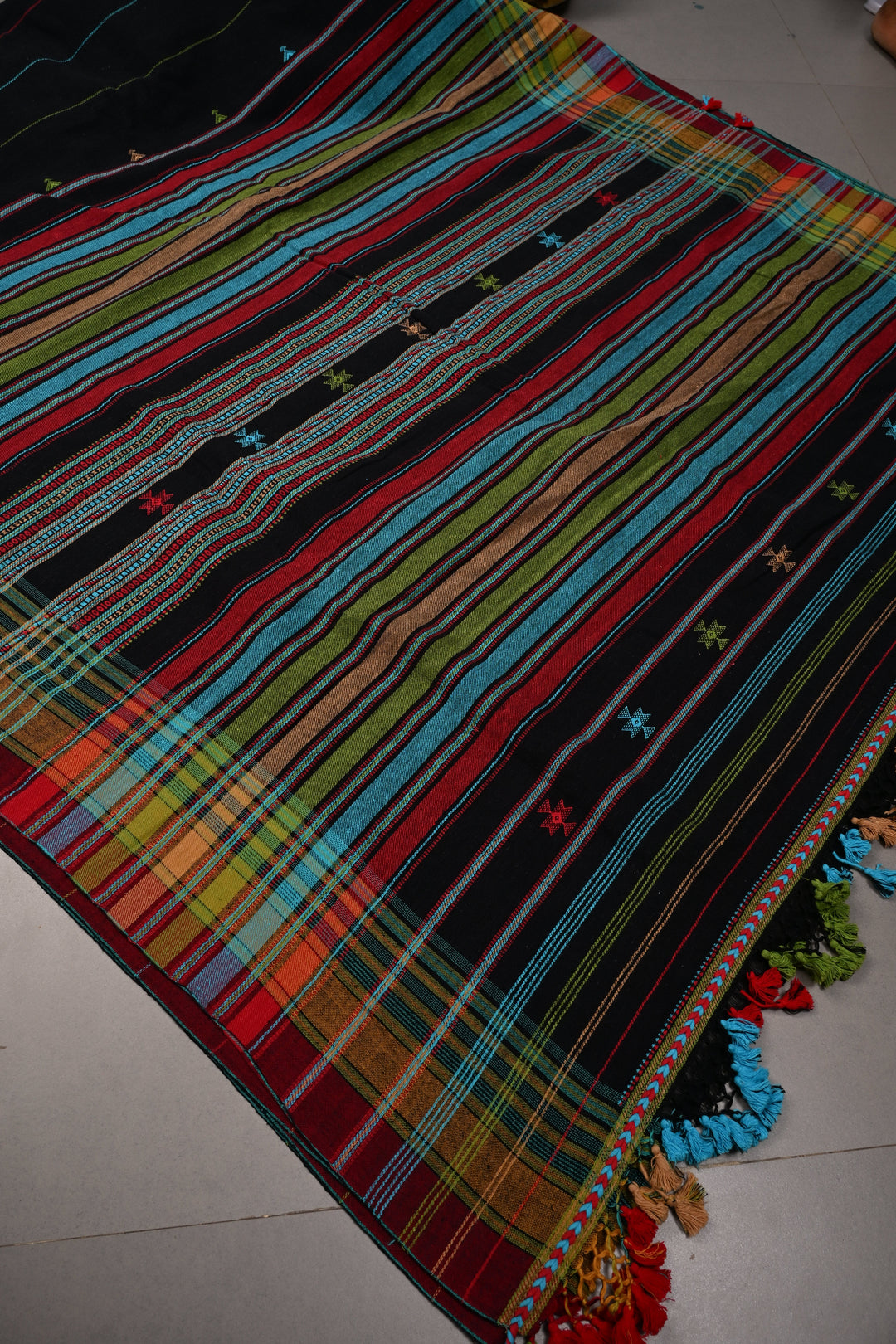 Satrangi Pallu, Black Bhujodi Kala Cotton Saree with Meenakari Stripes and Honeycomb Tassels | SHOBITAM