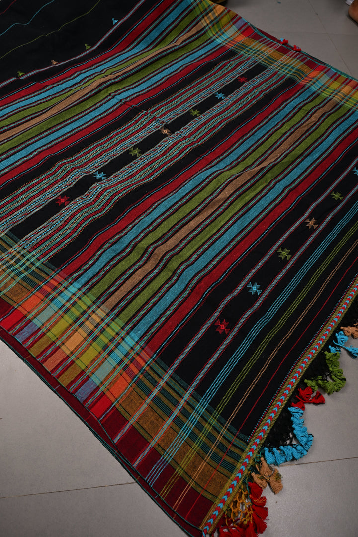 Satrangi Pallu, Black Bhujodi Kala Cotton Saree with Meenakari Stripes and Honeycomb Tassels | SHOBITAM