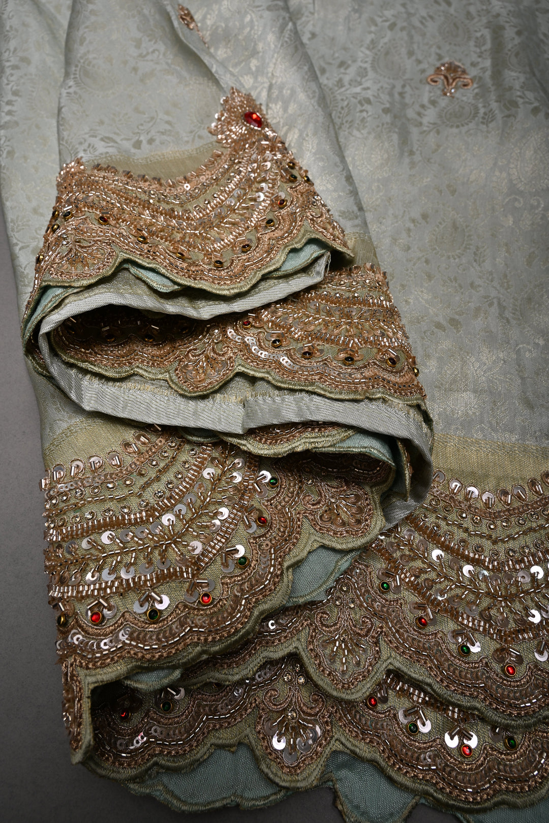 Light Sage Green Tissue Viscose Brocade Saree with Zardosi Buttas and Heavy Embroidery Work on Scallop Border | SHOBITAM