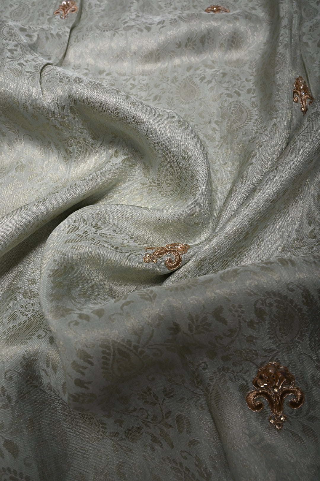Light Sage Green Tissue Viscose Brocade Saree with Zardosi Buttas and Heavy Embroidery Work on Scallop Border | SHOBITAM