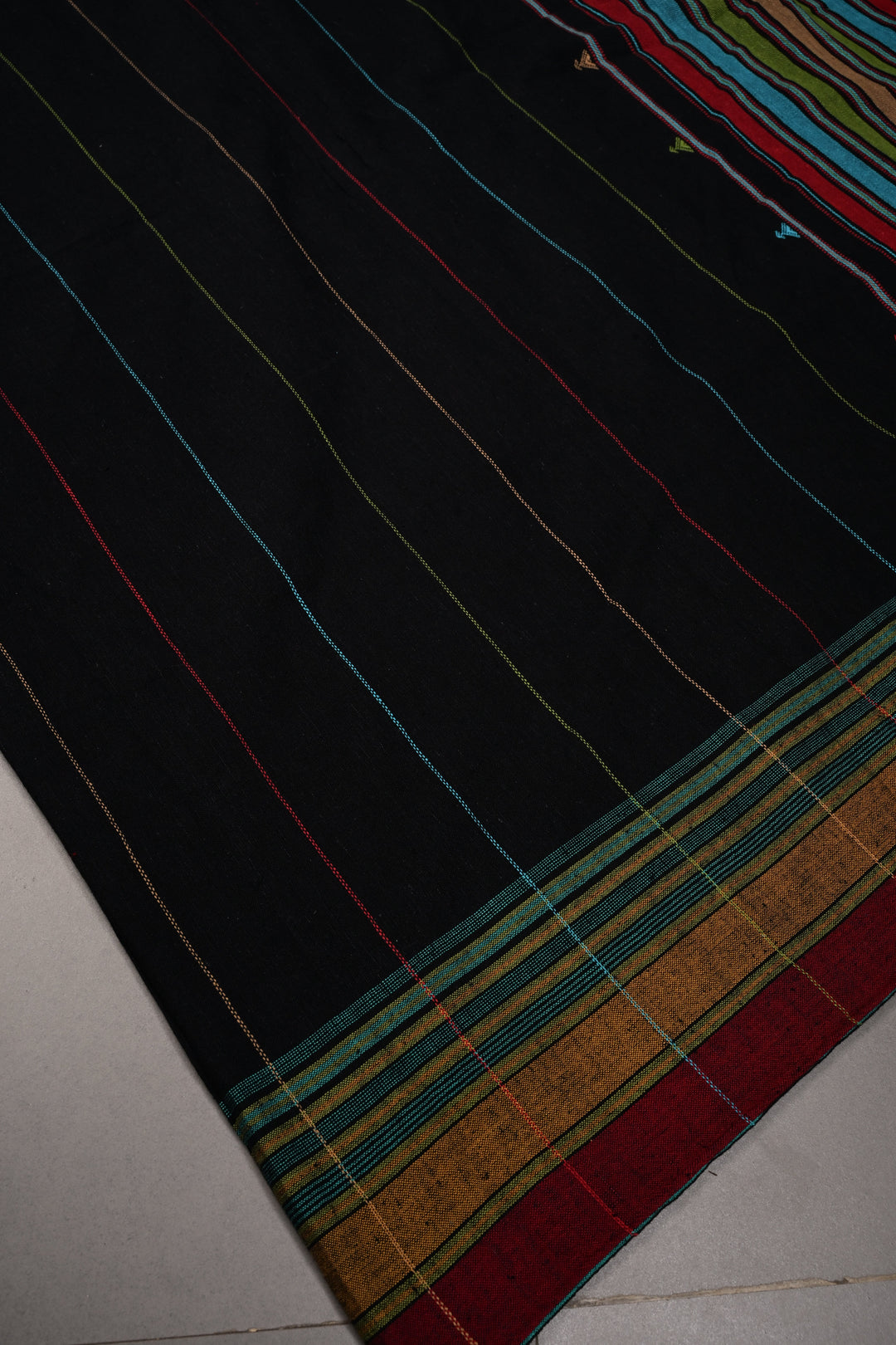 Satrangi Pallu, Black Bhujodi Kala Cotton Saree with Meenakari Stripes and Honeycomb Tassels | SHOBITAM