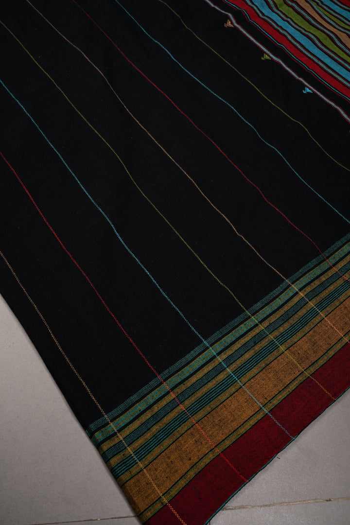 Satrangi Pallu, Black Bhujodi Kala Cotton Saree with Meenakari Stripes and Honeycomb Tassels | SHOBITAM