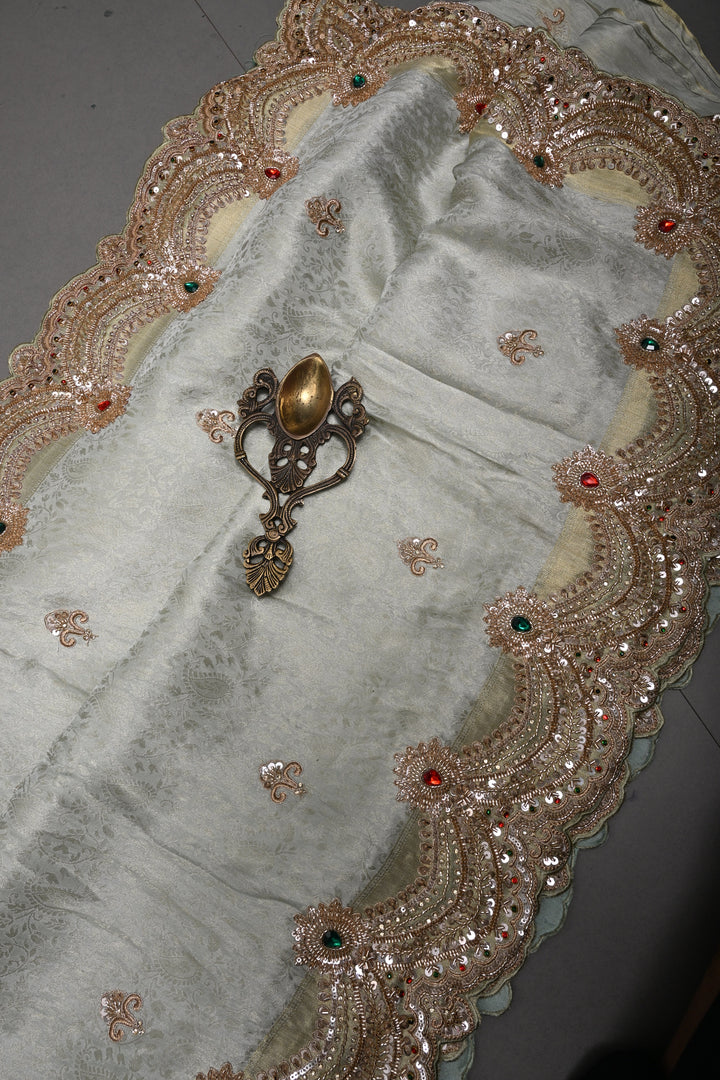 Light Sage Green Tissue Viscose Brocade Saree with Zardosi Buttas and Heavy Embroidery Work on Scallop Border | SHOBITAM