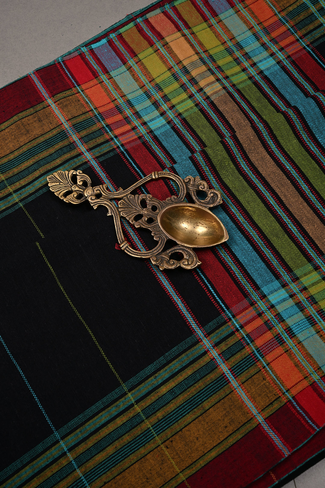 Satrangi Pallu, Black Bhujodi Kala Cotton Saree with Meenakari Stripes and Honeycomb Tassels | SHOBITAM