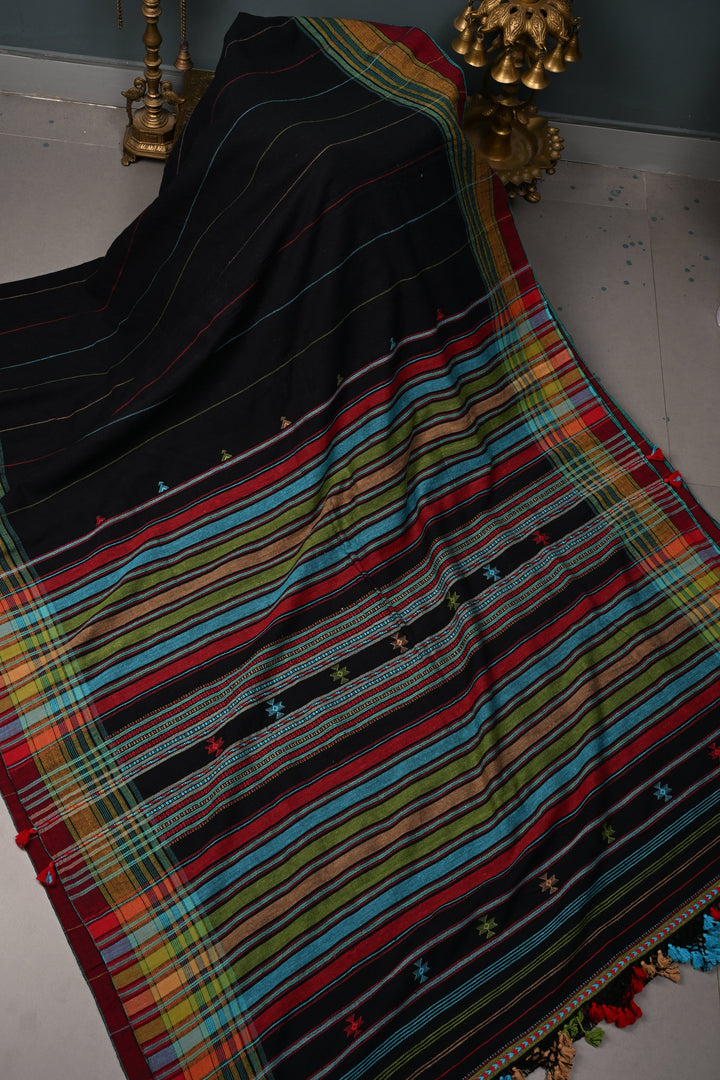 Satrangi Pallu, Black Bhujodi Kala Cotton Saree with Meenakari Stripes and Honeycomb Tassels | SHOBITAM