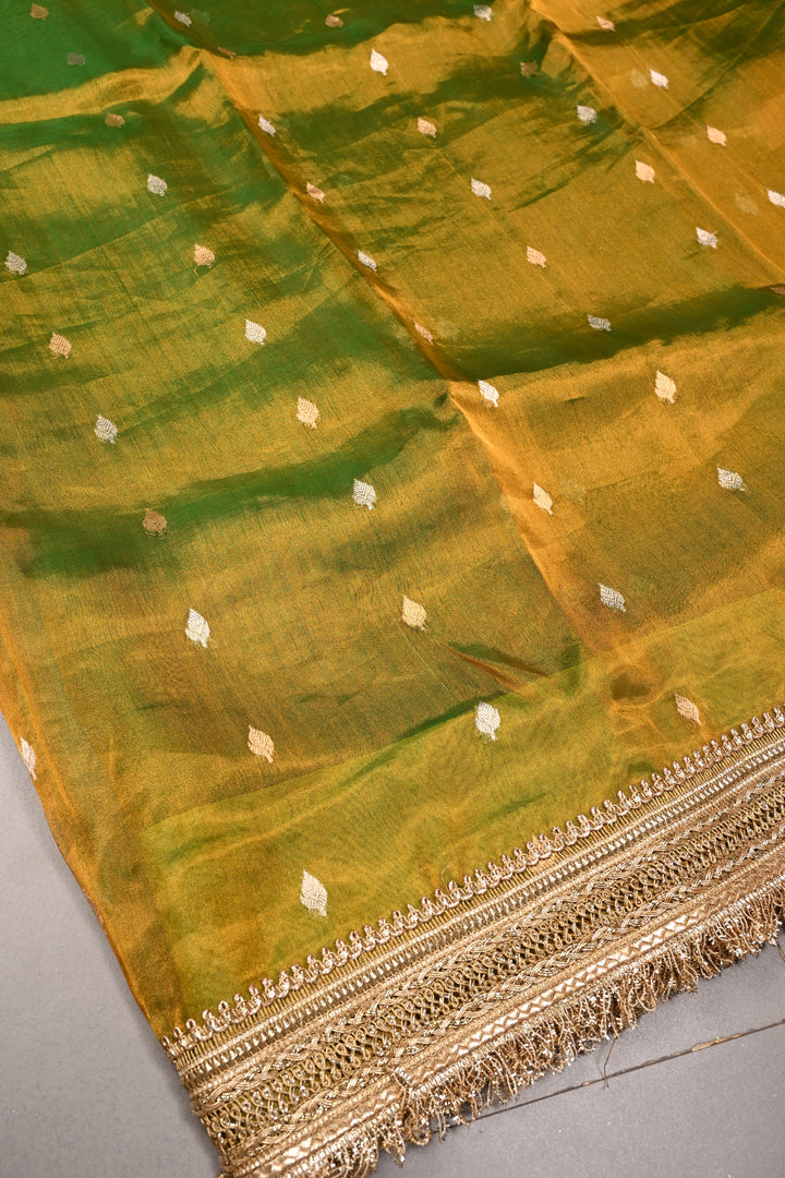 Mehendi Green Dual Tone Pure Banarasi Organza Tissue Silk Saree with Sona Rupa Floral Zari Buttas and Fancy Trim Lace Border | SILK MARK CERTIFIED | SHOBITAM