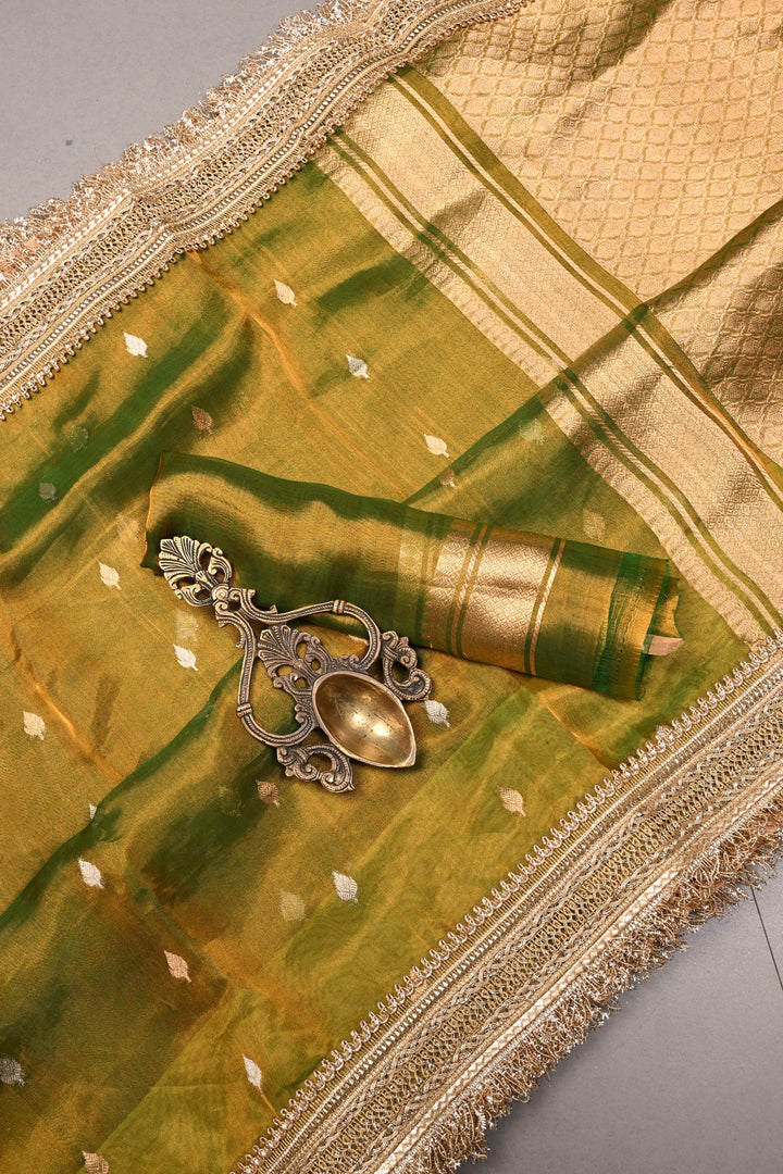 Mehendi Green Dual Tone Pure Banarasi Organza Tissue Silk Saree with Sona Rupa Floral Zari Buttas and Fancy Trim Lace Border | SILK MARK CERTIFIED | SHOBITAM