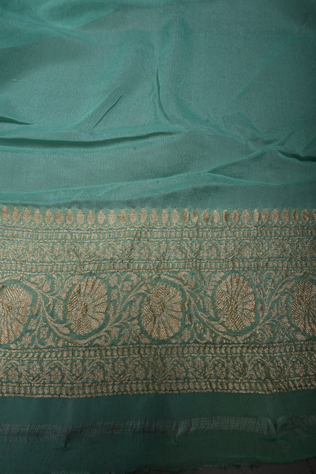 Muted Ivory Banarasi Silk Georgette Saree with Zari Brocade and Teal Contrast Zari Border | SILK MARK CERTIFIED | SHOBITAM