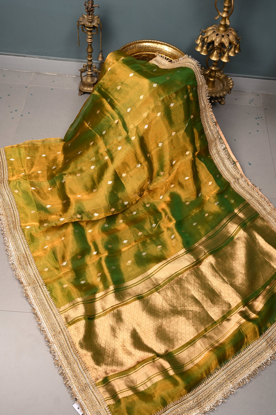 Mehendi Green Dual Tone Pure Banarasi Organza Tissue Silk Saree with Sona Rupa Floral Zari Buttas and Fancy Trim Lace Border | SILK MARK CERTIFIED | SHOBITAM