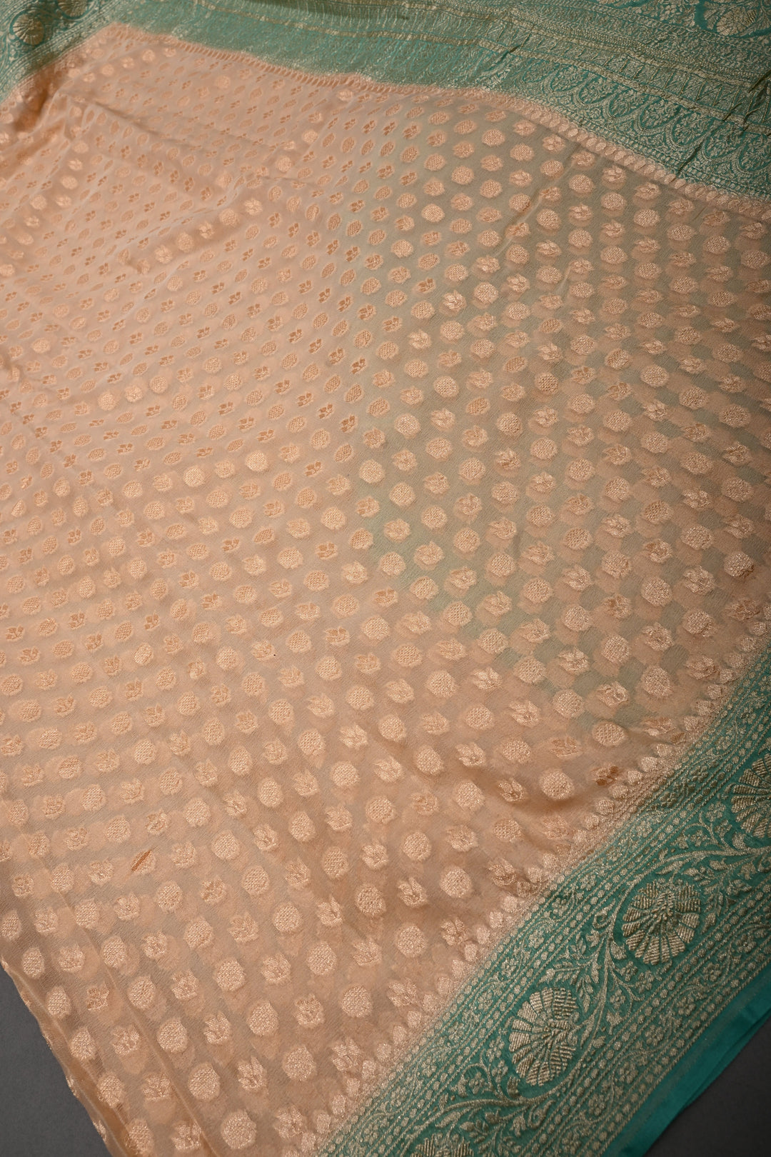 Muted Ivory Banarasi Silk Georgette Saree with Zari Brocade and Teal Contrast Zari Border | SILK MARK CERTIFIED | SHOBITAM
