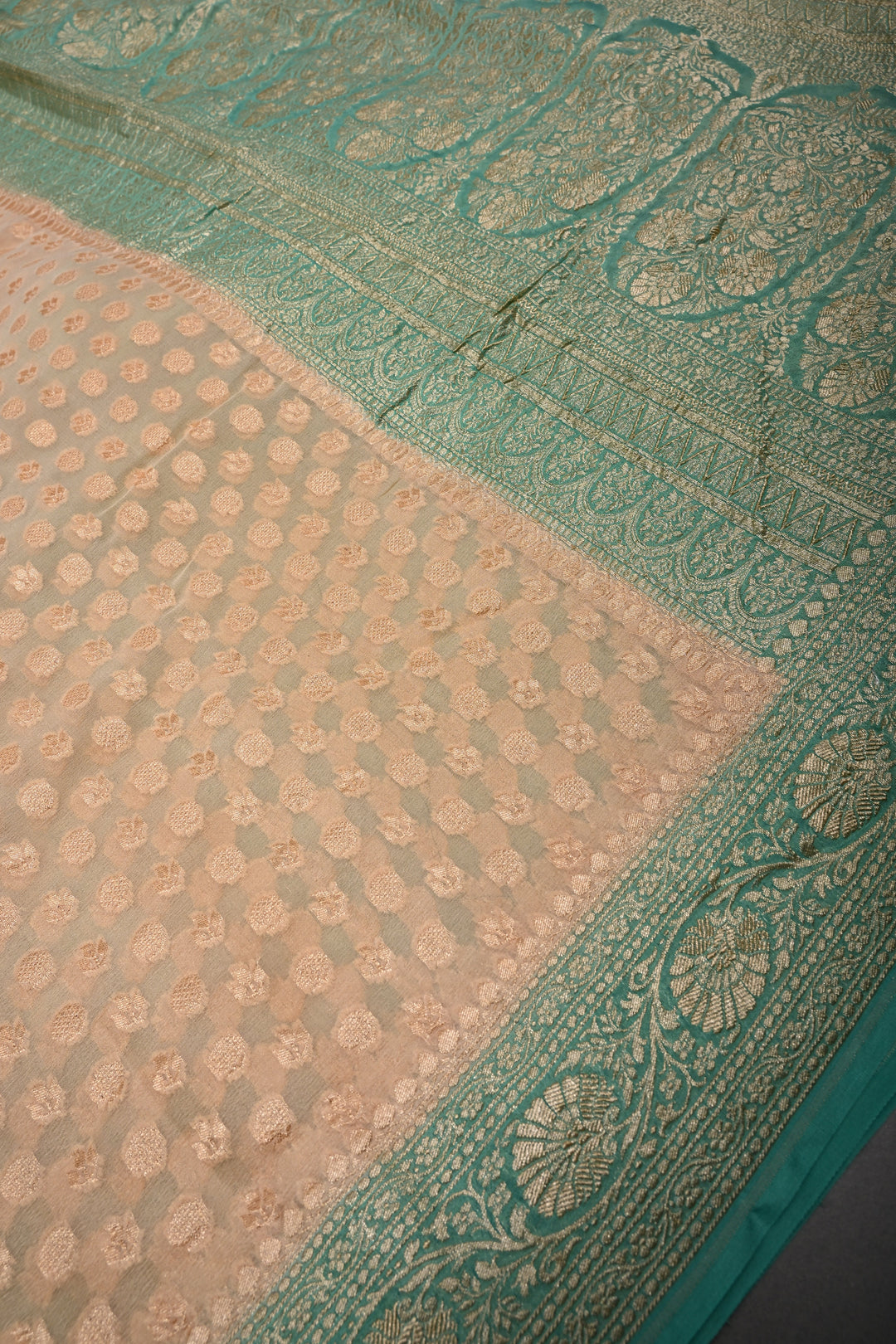 Muted Ivory Banarasi Silk Georgette Saree with Zari Brocade and Teal Contrast Zari Border | SILK MARK CERTIFIED | SHOBITAM