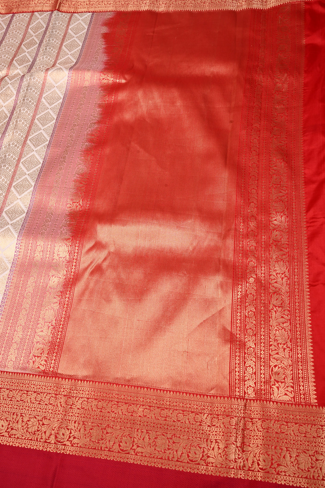 Ivory Meenakari Vertical Stripes on Banarasi Katan Silk Saree with Zari Brocade and Two Tone Zari Border | SILK MARK CERTIFIED | SHOBITAM