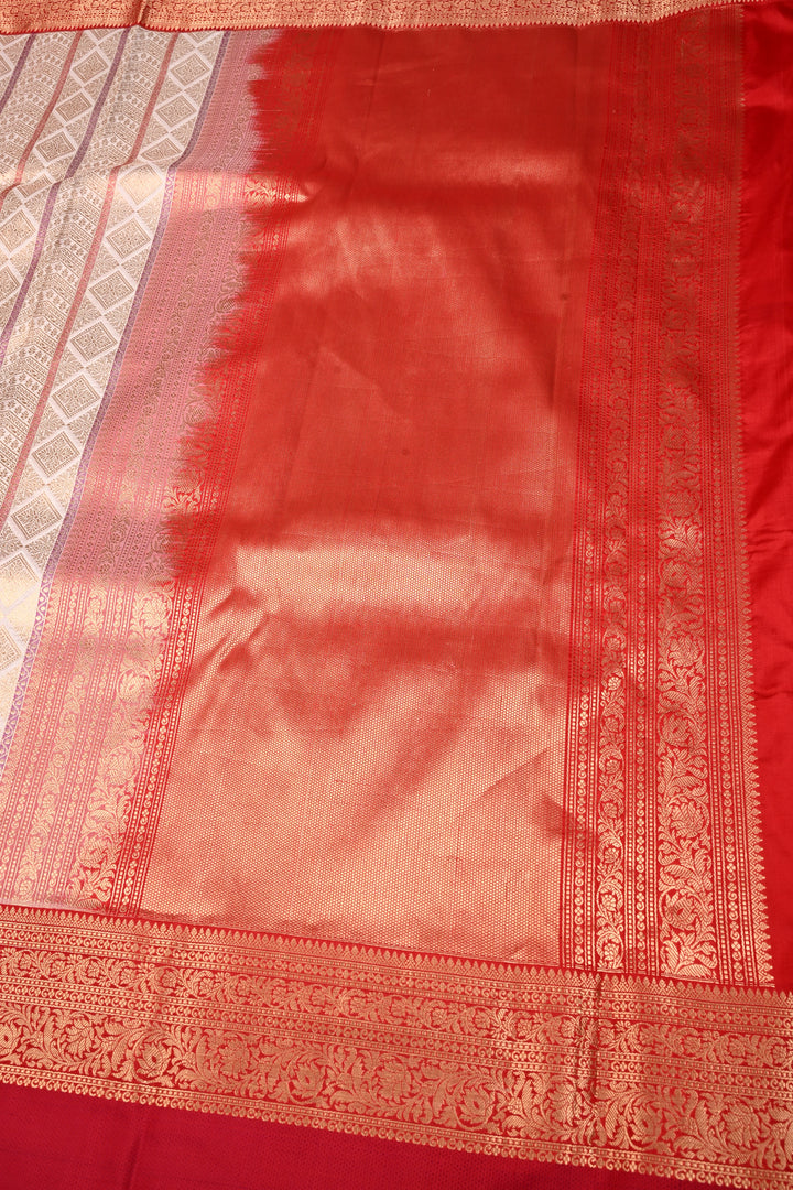 Ivory Meenakari Vertical Stripes on Banarasi Katan Silk Saree with Zari Brocade and Two Tone Zari Border | SILK MARK CERTIFIED | SHOBITAM