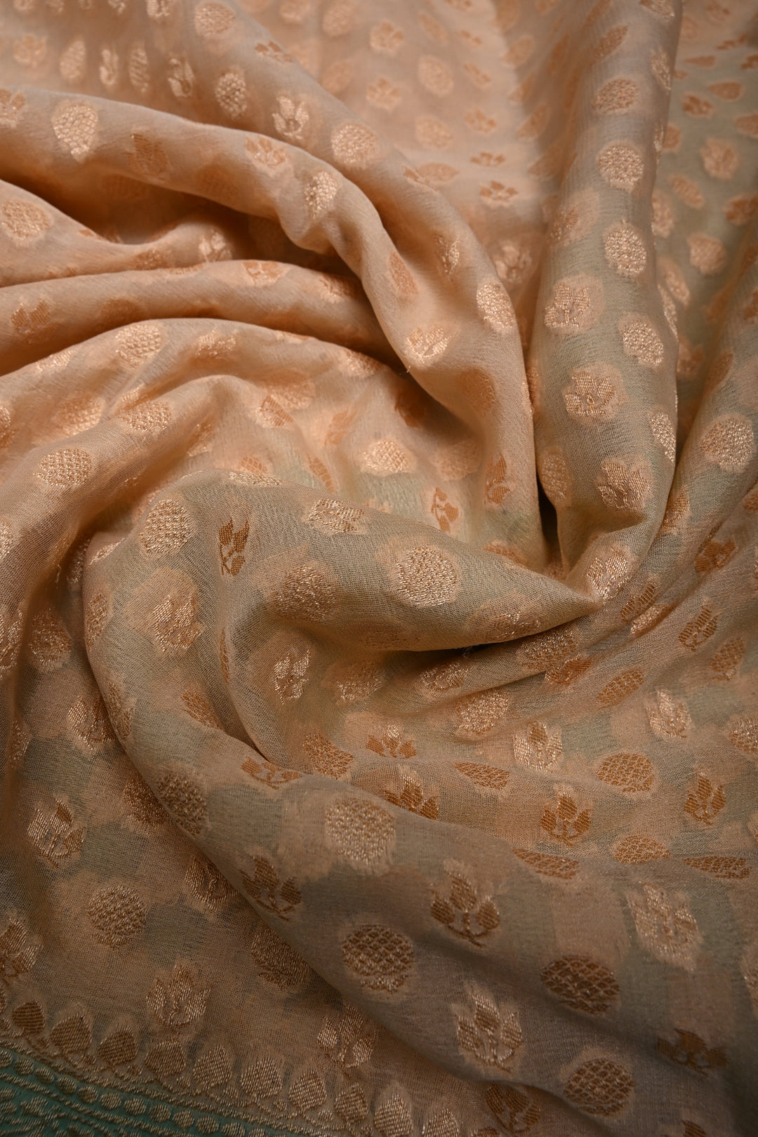 Muted Ivory Banarasi Silk Georgette Saree with Zari Brocade and Teal Contrast Zari Border | SILK MARK CERTIFIED | SHOBITAM